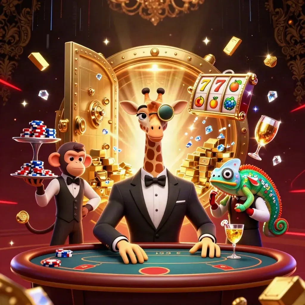 Giraffe, monkey, and chameleon at a glowing poker table with vault, chips, and casino riches.