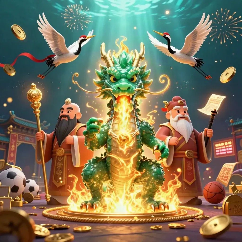 Jade dragon, turtle sage and cranes amid gold coins, fireworks, temple gate, and casino prizes.