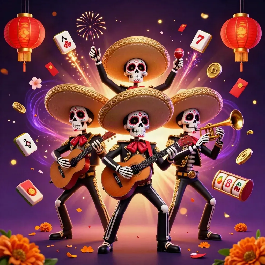 Mariachi skeleton trio amid casino symbols, lanterns, coins, fireworks, and glowing purple space-like backdrop.