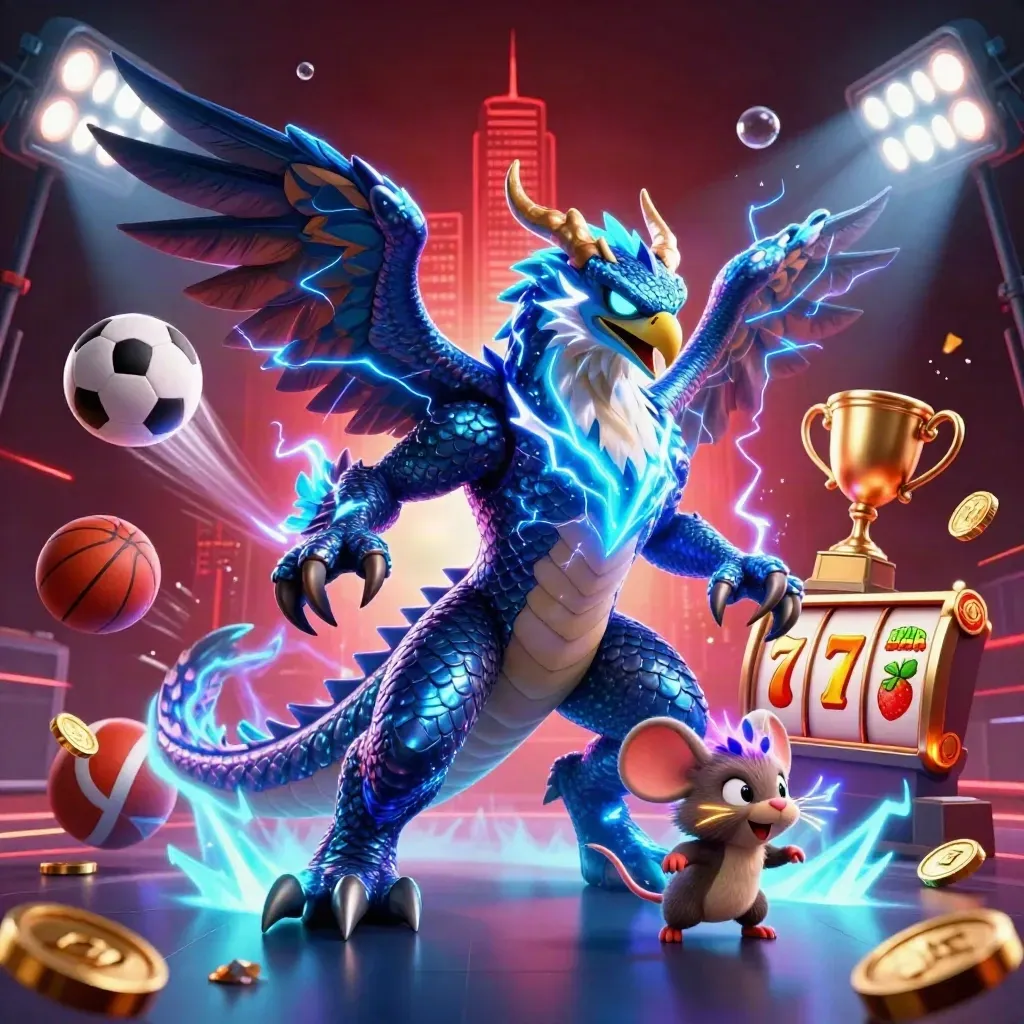 Thunder dragon, wind hawk and static mouse amid casino sports props, coins, reels and neon lightning.