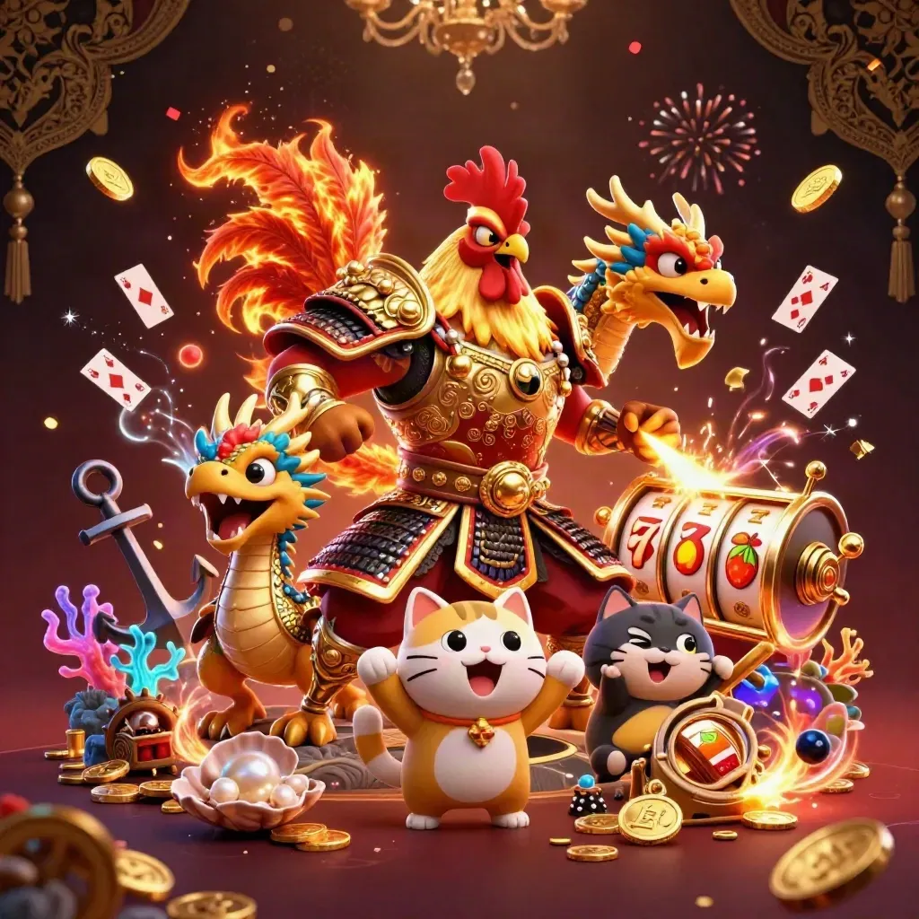 Rooster warrior, dragon hatchling, and fortune-cat in a glowing casino treasure cove.