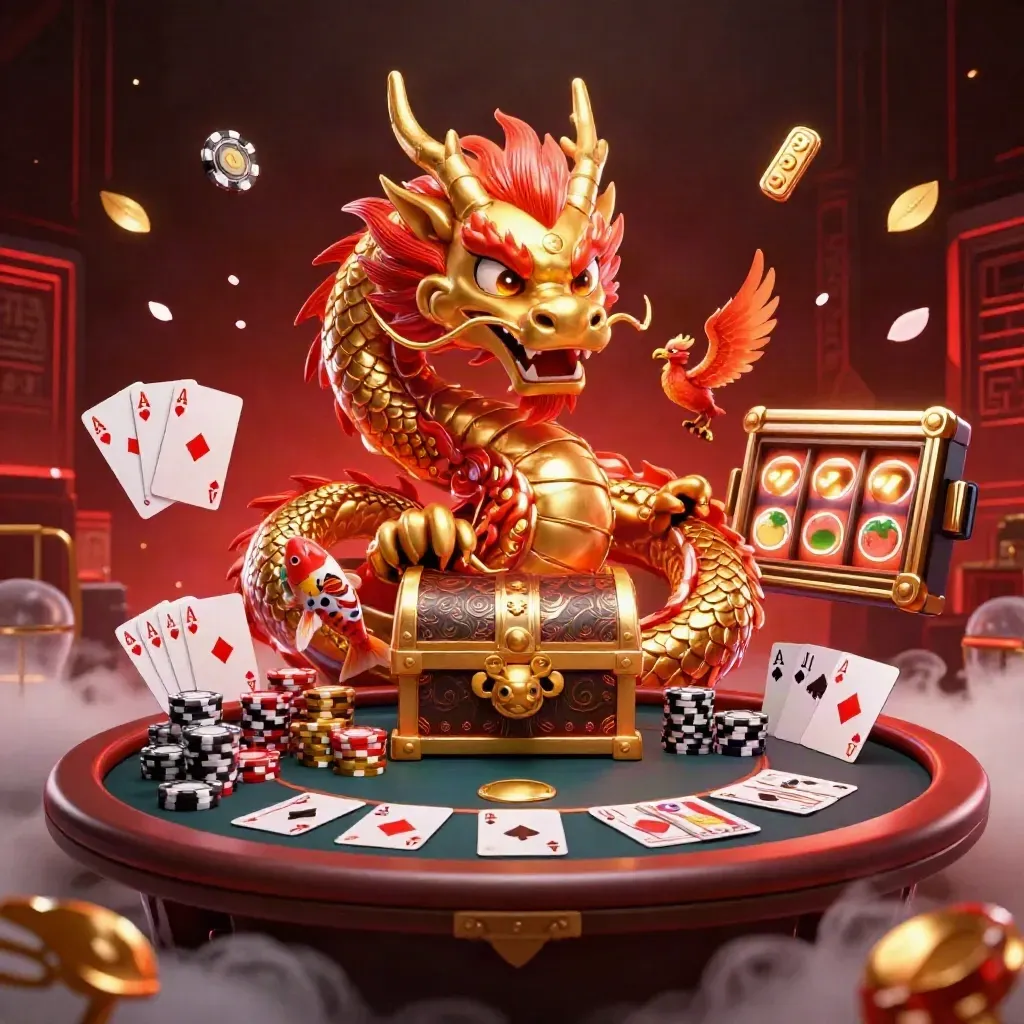 Golden dragon, phoenix and koi amid casino chips, cards, reels and neon red lights.