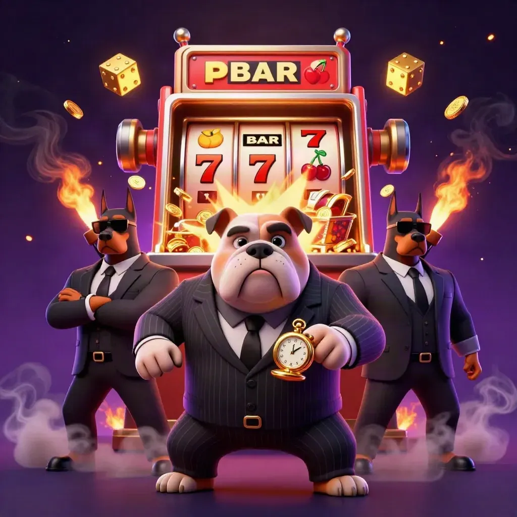 Mafia bulldog and Dobermans explode from a jackpot slot machine in neon casino lights