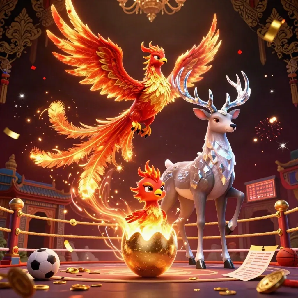 Fire phoenix, hatchling egg, and crystal stag amid casino gold, sparks, and neon glow.