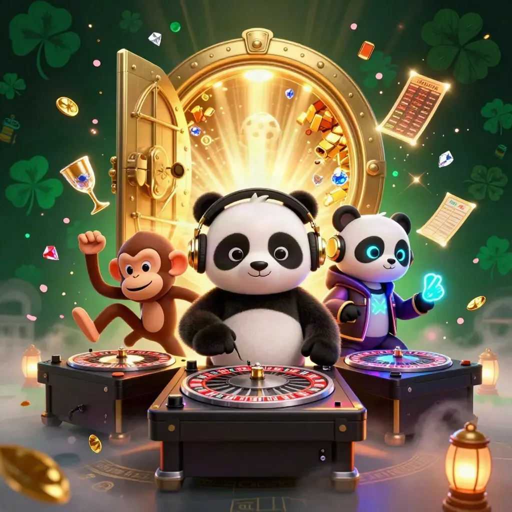 Panda DJ, dancing monkey, and glow-stick kitten amid gold vault loot and neon casino sparks.