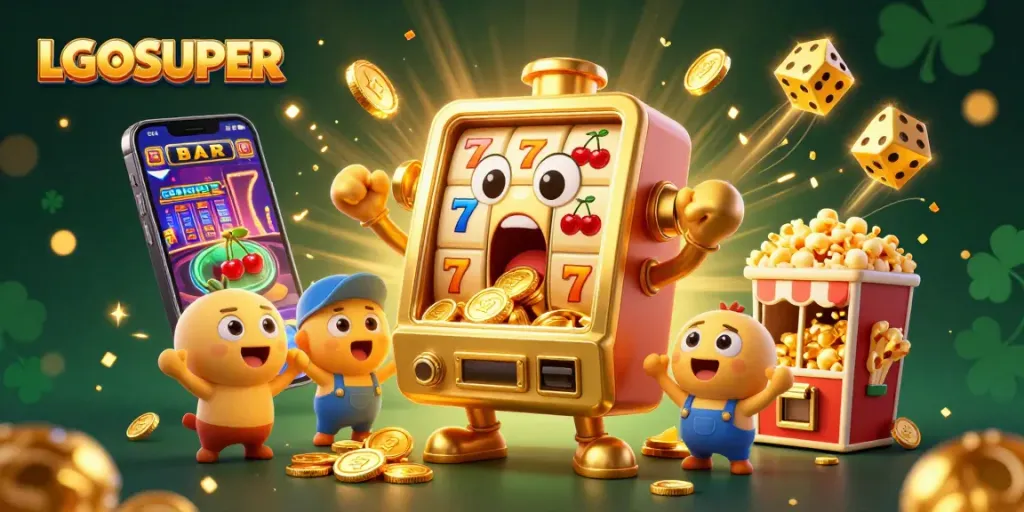 Experience LGOSUPER's exciting slot action with animated jackpot scenes and vibrant casino elements.