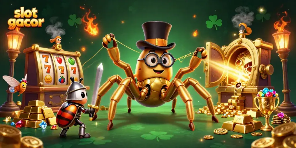 Engage in slot gacor action with a daring beetle knight and a golden tarantula in this vibrant casino scene.