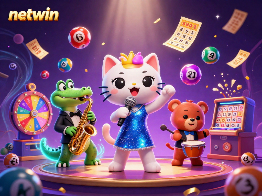 Experience the excitement of netwin with a lively casino scene featuring a jazz-singer cat and vibrant game elements.