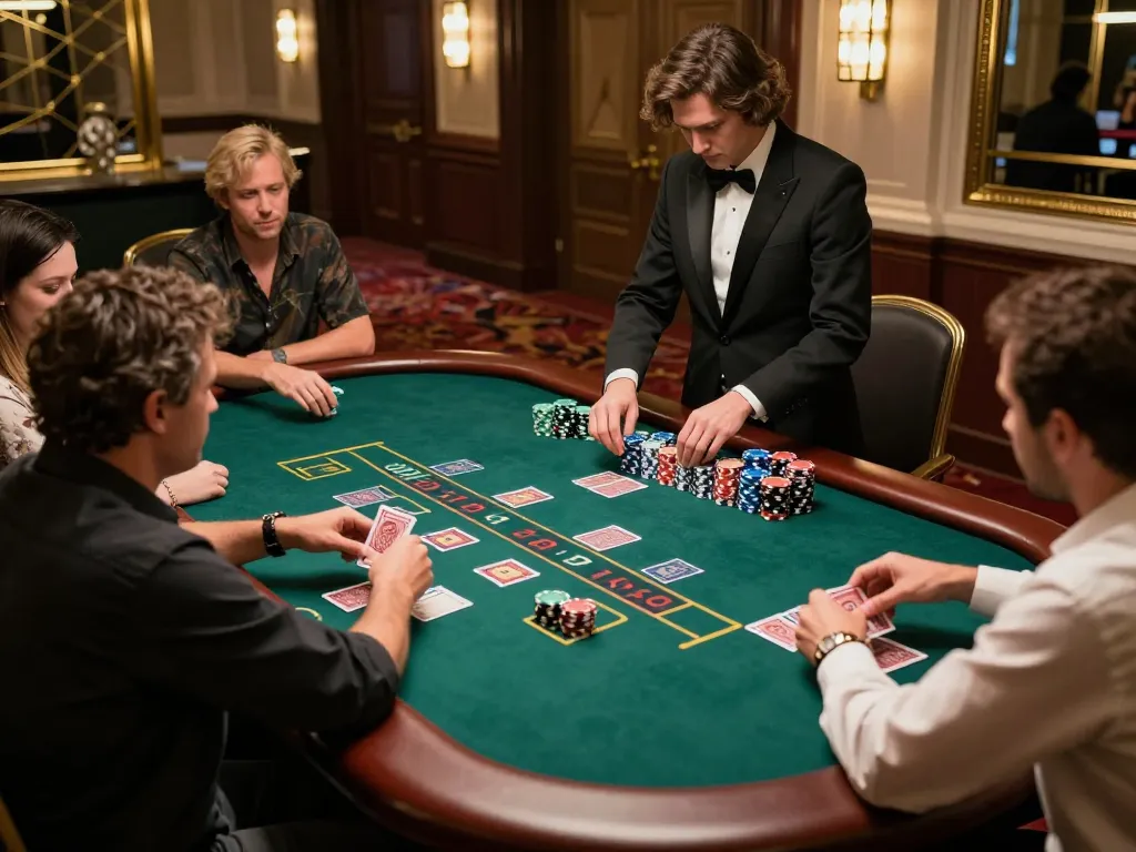 Players enjoying blackjack at tr88 casino table with dealer shuffling cards, vibrant gaming atmosphere