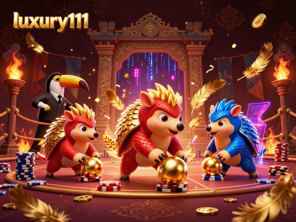Roll a winning game with luxury111 featuring rival pangolins, poker chips, and confetti.
