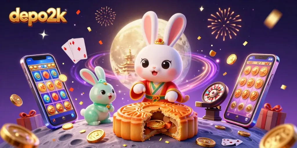 Engage with depo2k as a playful moon rabbit reveals poker chips from mooncakes while celebrating with vibrant casino elements.