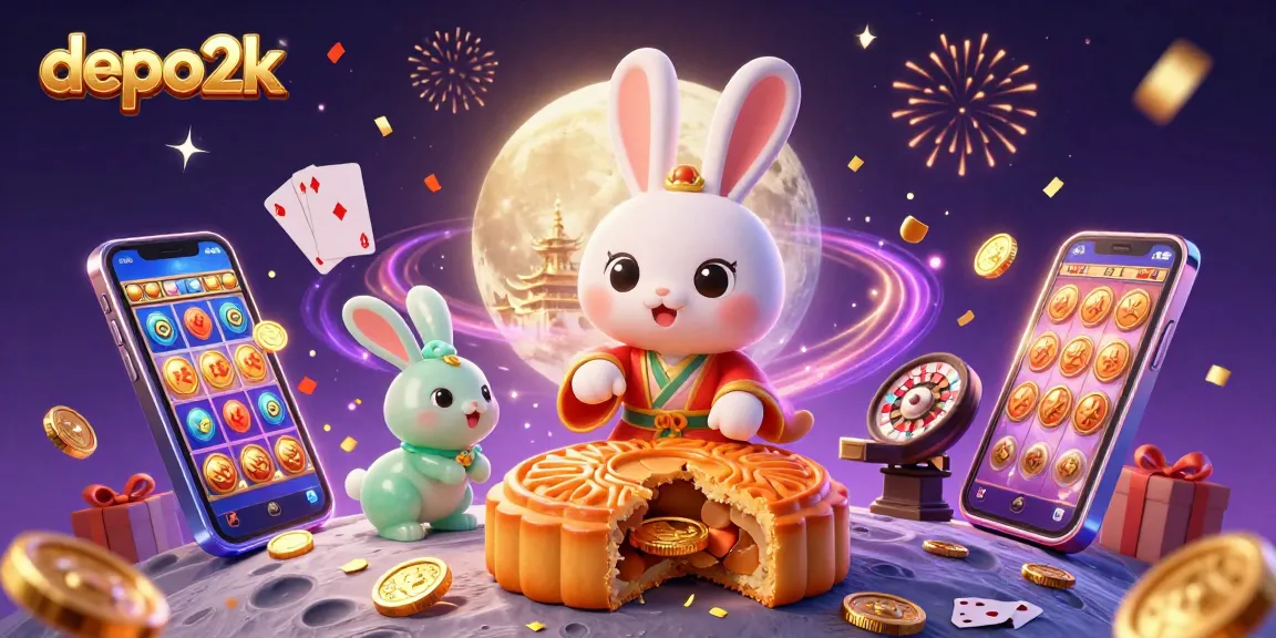 Engage with depo2k as a playful moon rabbit reveals poker chips from mooncakes while celebrating with vibrant casino elements.