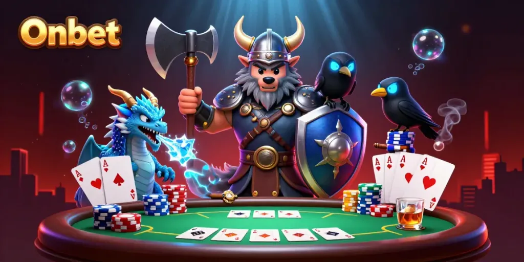 Engage in thrilling gaming with Onbet, featuring vibrant characters and an energetic poker scene.