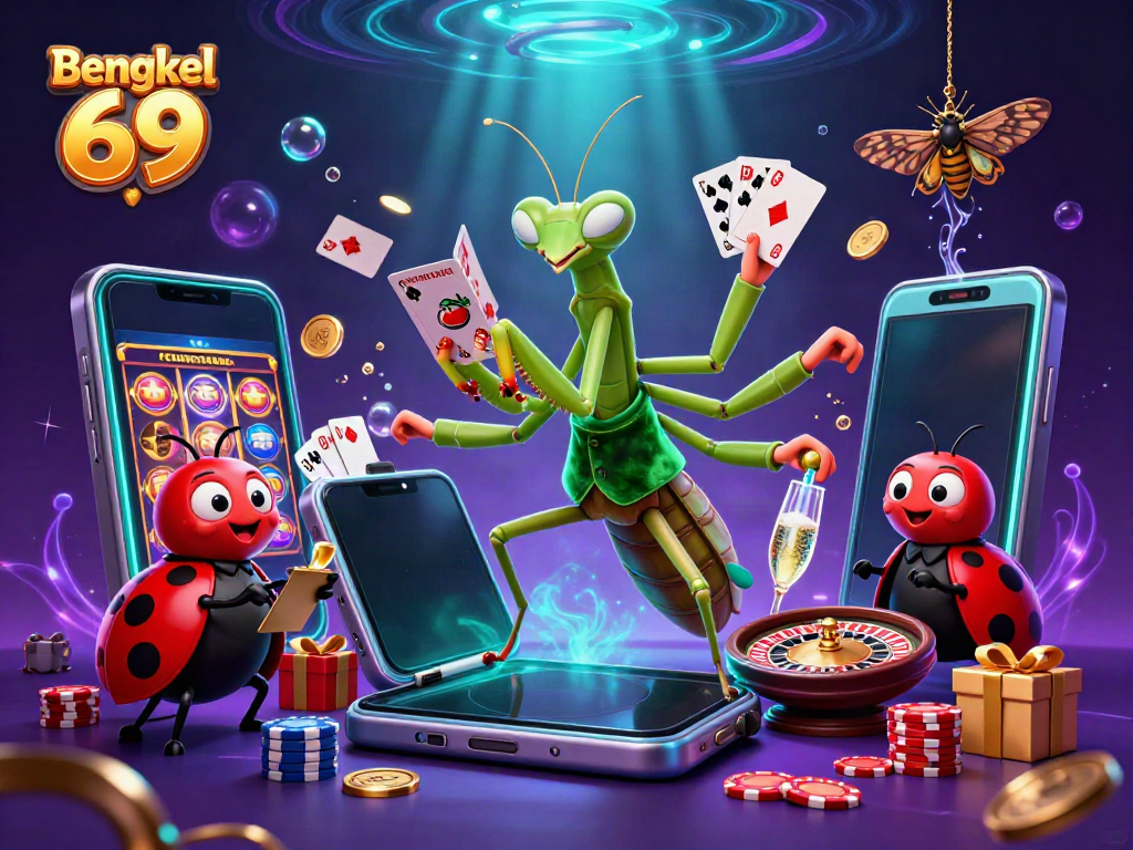 Bengkel 69 showcases a dynamic online casino scene with cartoon characters engaging in exciting gaming.