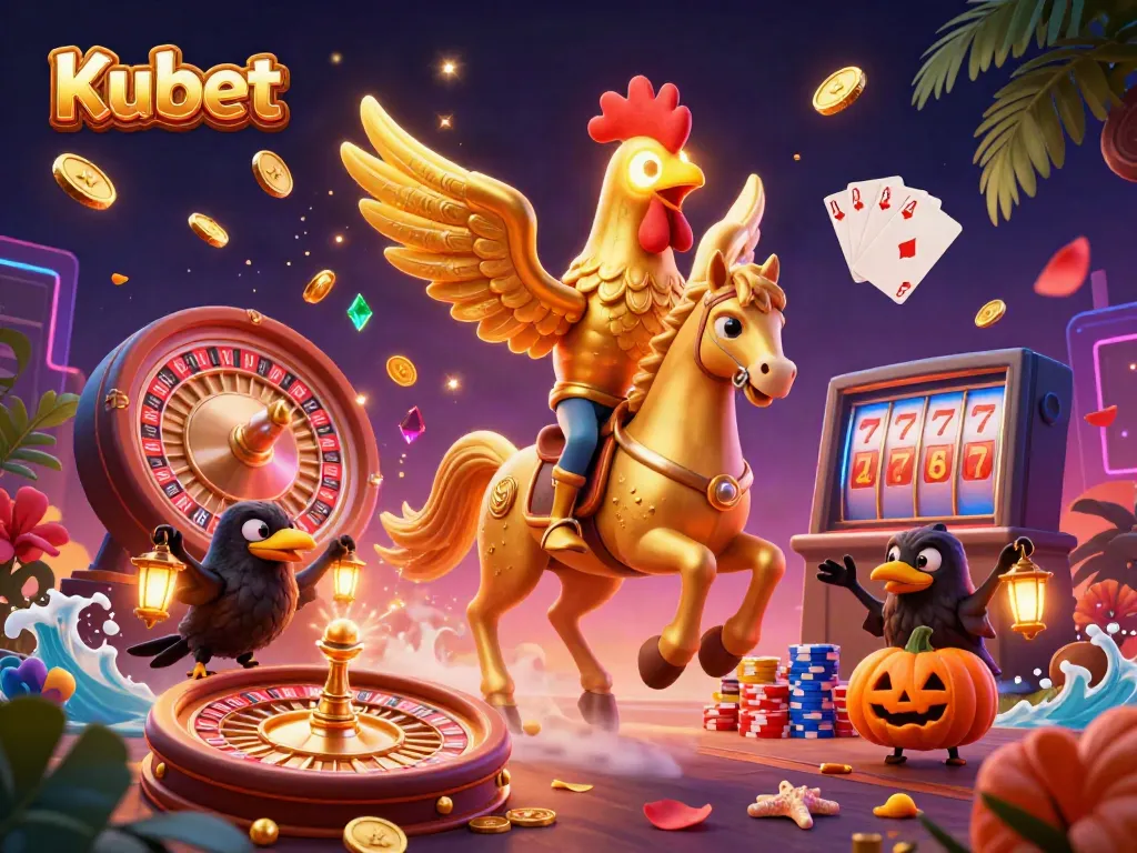 Kubet showcases a vibrant midnight casino scene with a golden rooster and lantern-carrying crows amidst spinning roulette and cascading coins.