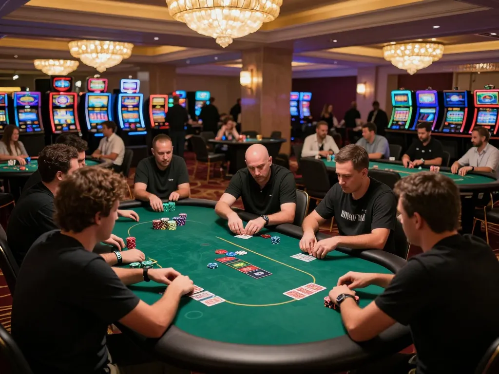 Players engaged in a thrilling poker game at 11-hd casino, showcasing strategic betting and luxury atmosphere.