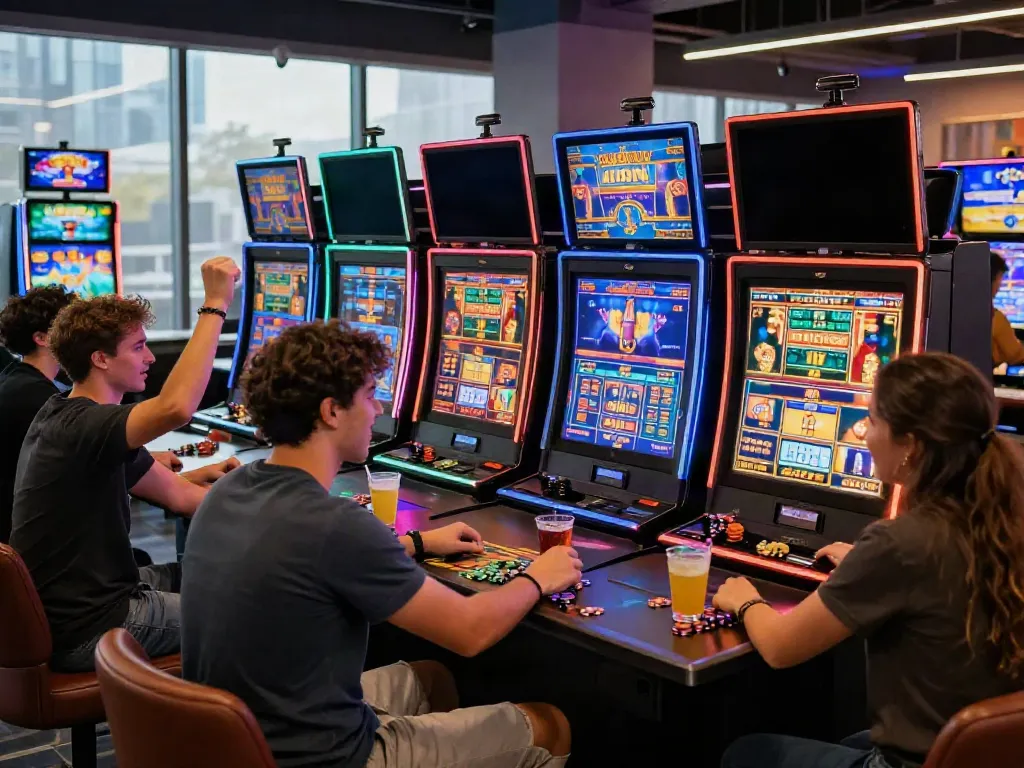 Engaging online gambling experience at AkunJP with players enjoying slot machines in a lively lounge.