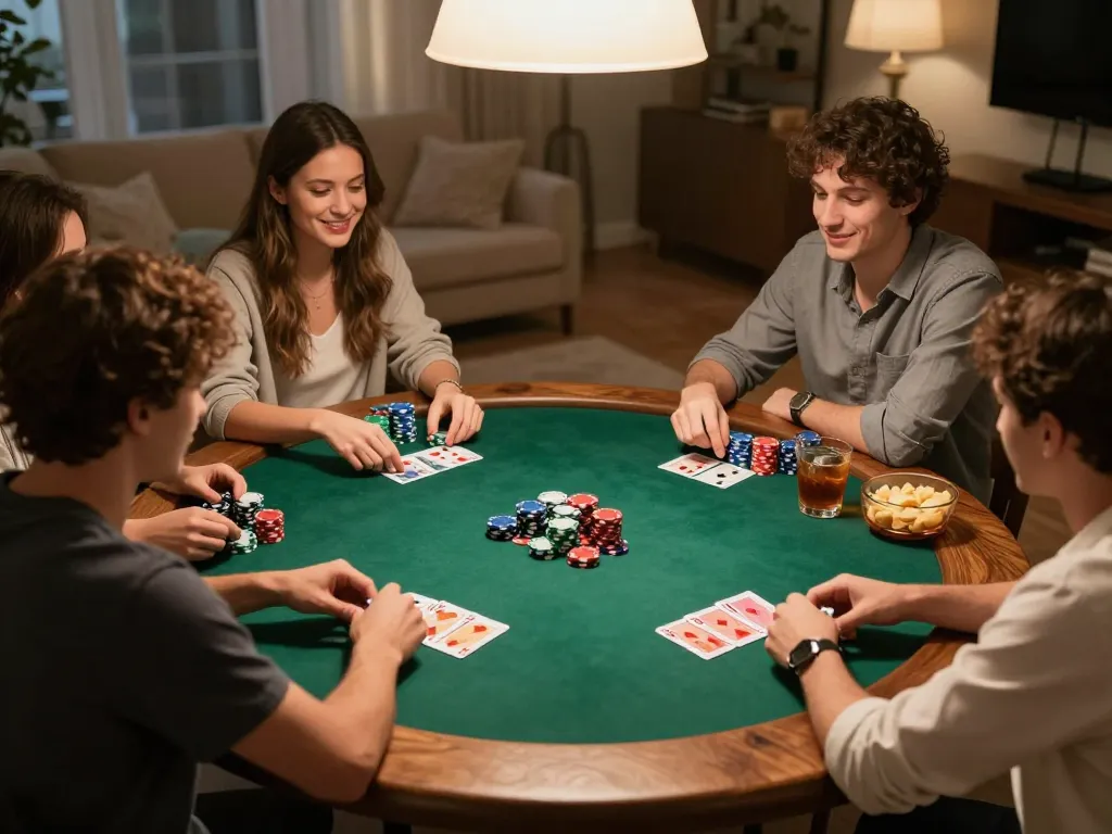 UU88 players engaging in a friendly poker game at home, highlighting strategy and social bonding.