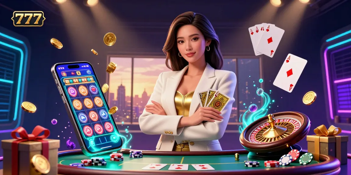 Experience the thrill of 777 with this vibrant casino scene featuring an elegant woman and dazzling game elements.