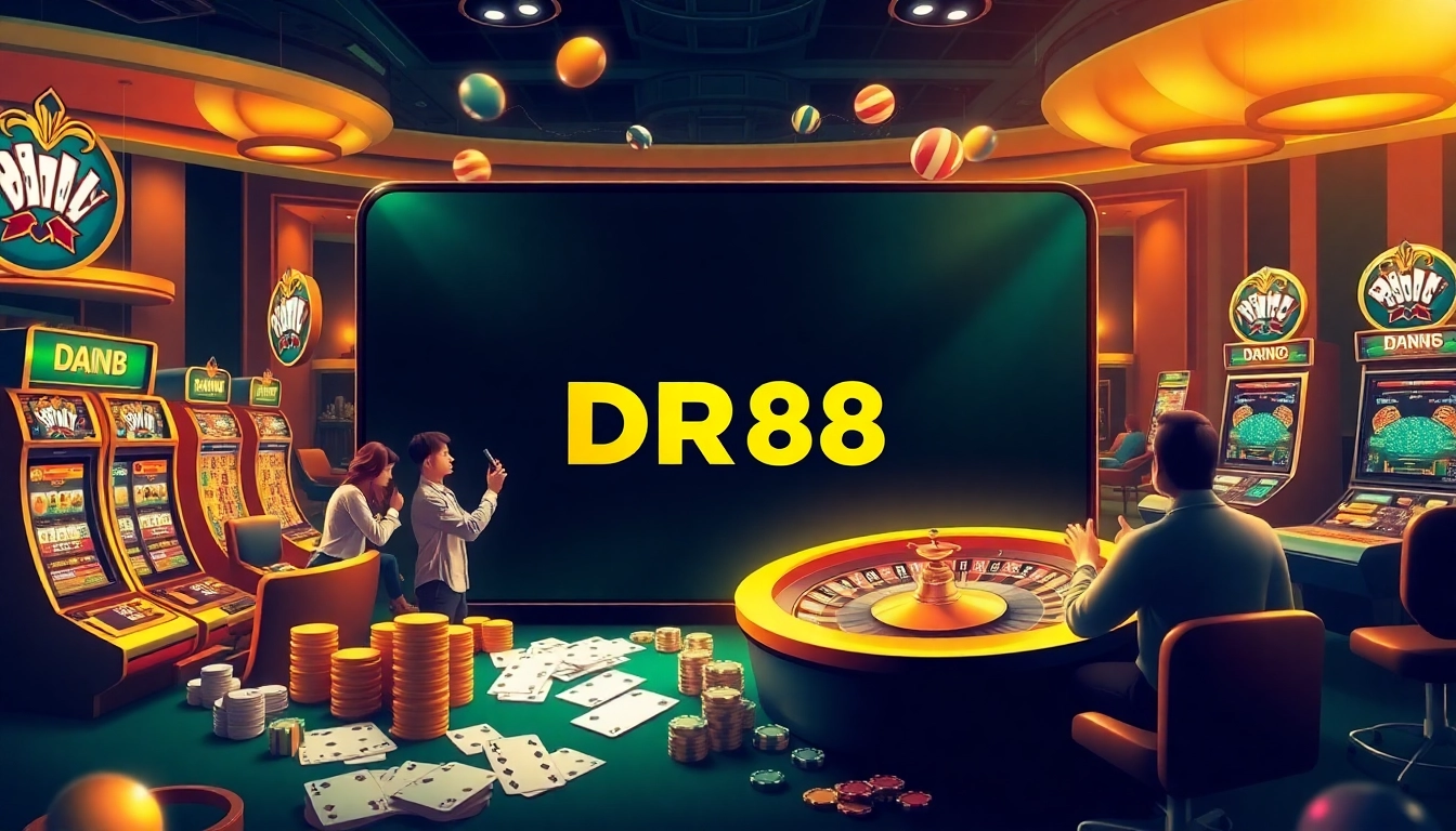 Engage with the DR88 app in a luxury casino scene showcasing exciting gambling elements.