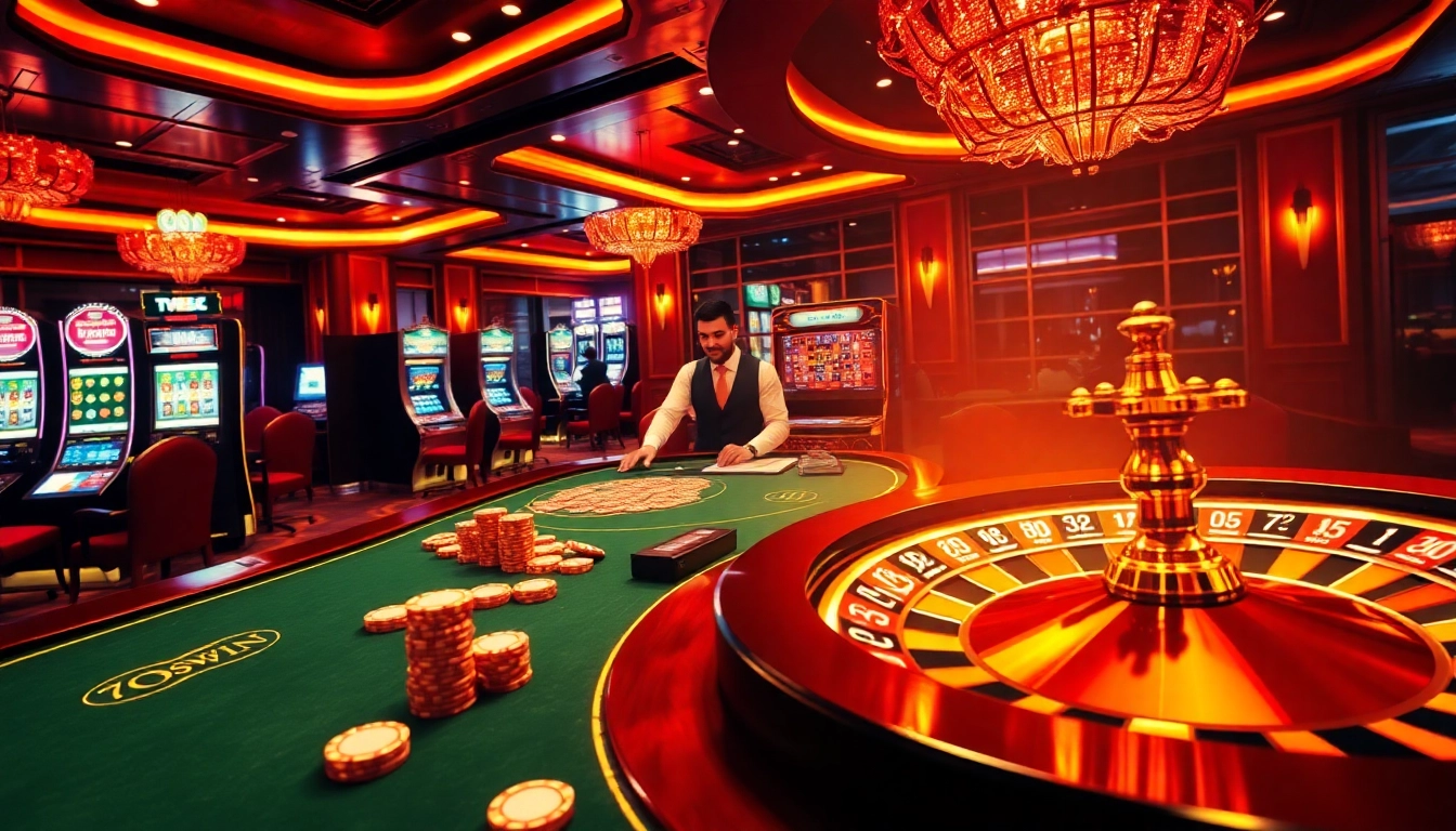 Exciting scene at 789win casino featuring poker tables, slot machines, and engaging dealers.