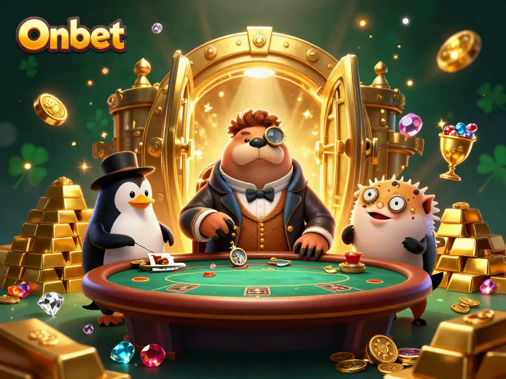 Engage with Onbet's underwater poker scene featuring a walrus, penguin dealer, and a bluffing pufferfish.