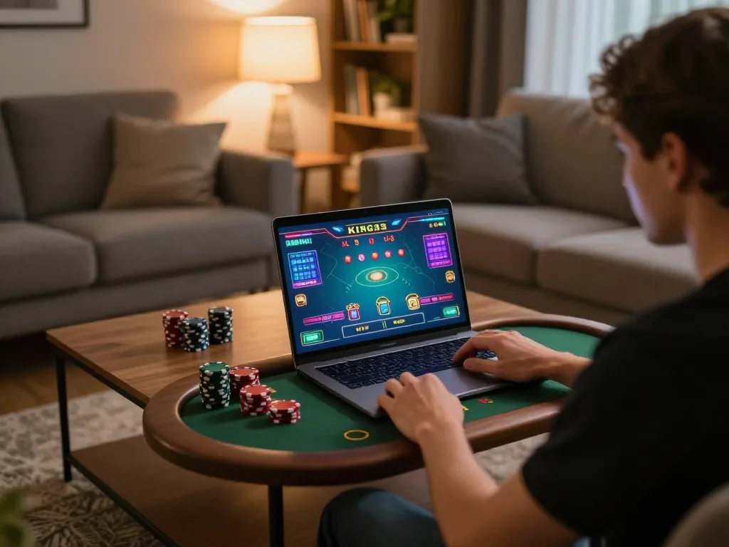 Engaging online gaming scene with a player enjoying king33 poker in a cozy home setting.