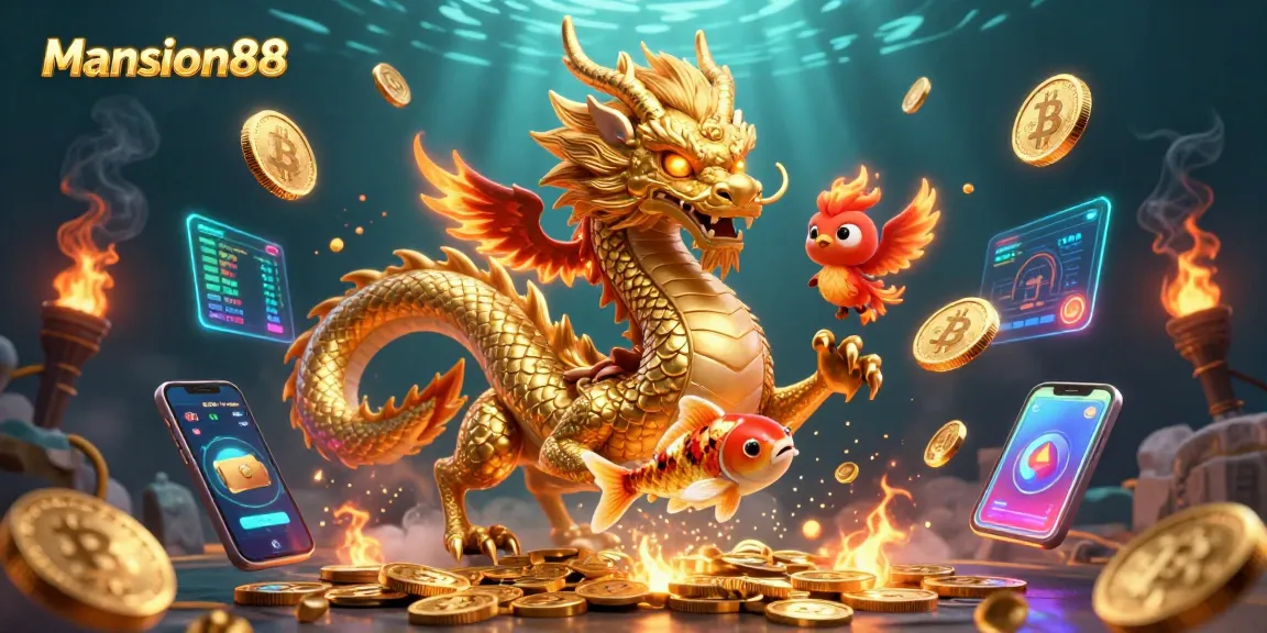 Spin the reels at Mansion88 with a fierce dragon and phoenix amidst golden coins.