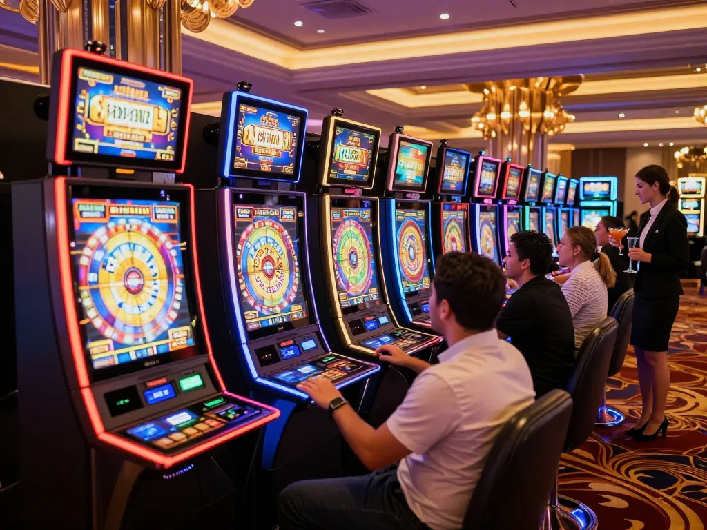 Players enjoying vibrant Pragmatic Slot machines with illuminated win screens at an upscale casino.