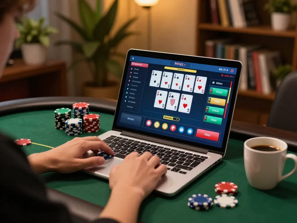 Engaging online poker game on nego77 with cards and chips visible, cozy home setting.