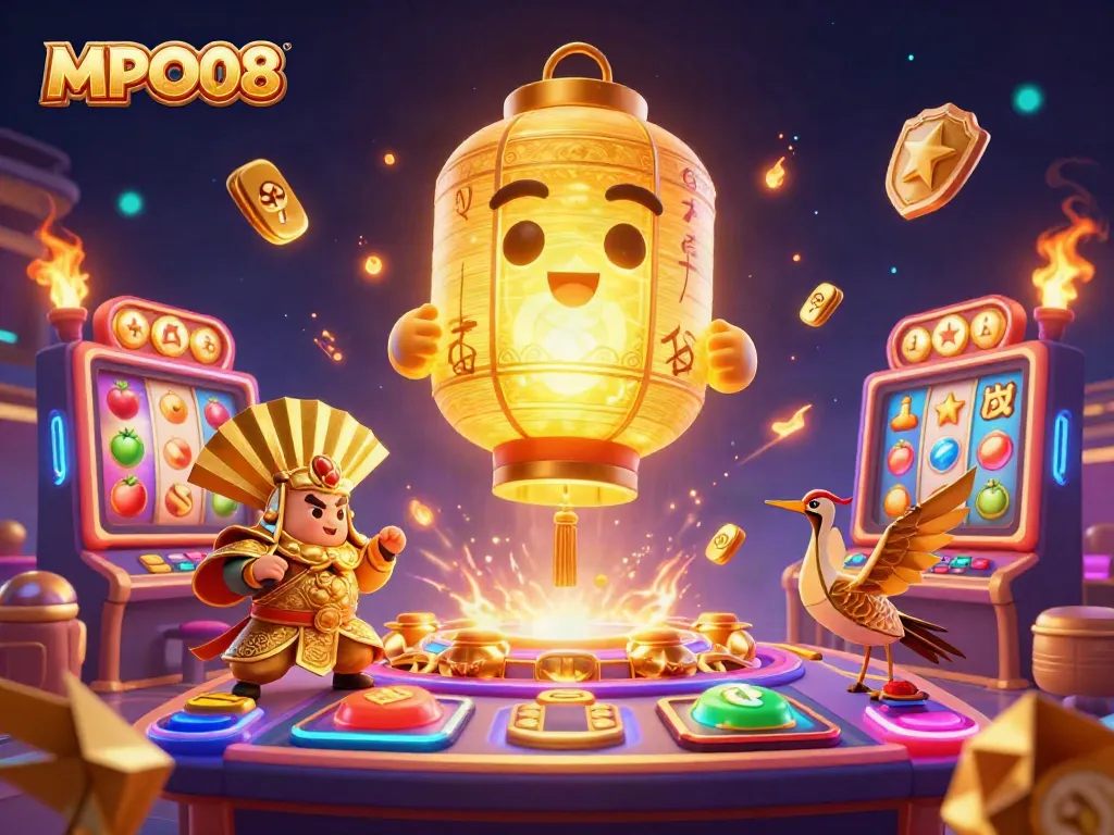 MPO08 offers thrilling slot experiences at an engaging casino with vibrant golden elements.