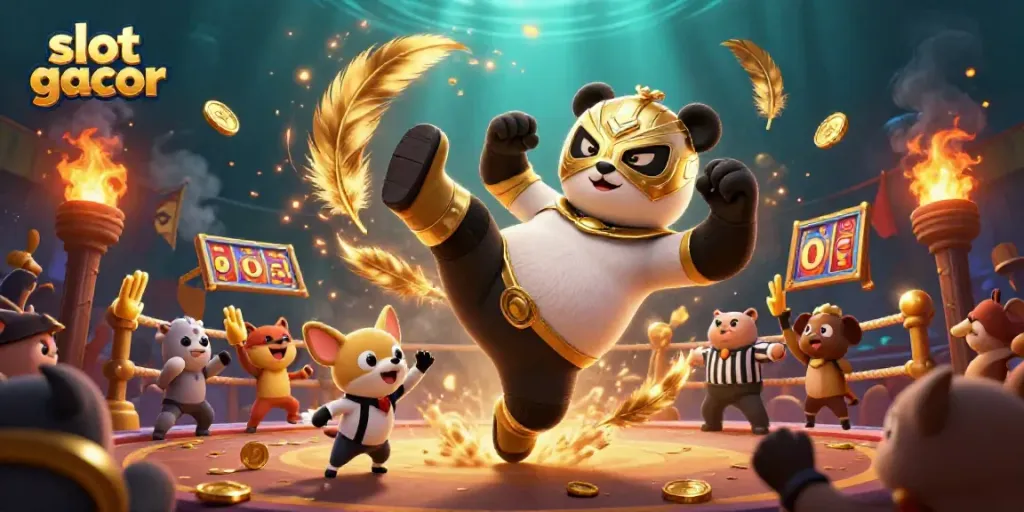 Experience the thrill of slot gacor with an animated wrestling panda and cheering animal fans.