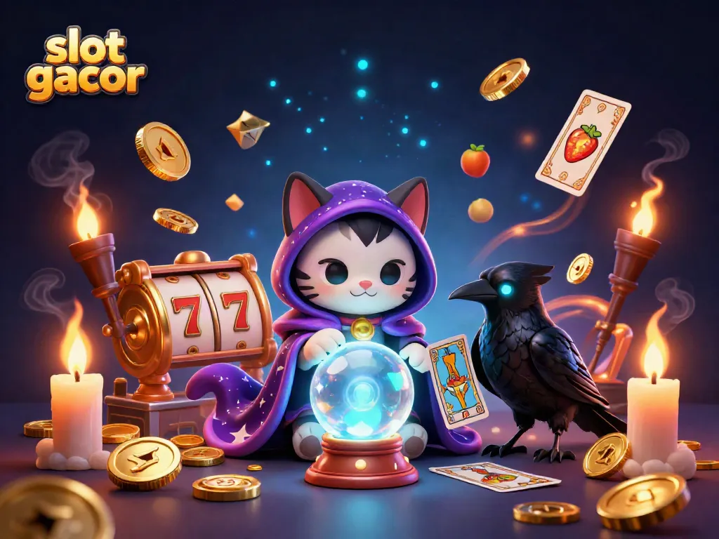 Experience the excitement of slot gacor with a mystical cat, raven, and vibrant casino elements.