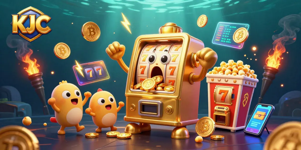 KJC jackpot celebration with a cartoon slot machine and cheering characters amidst exciting gaming elements.