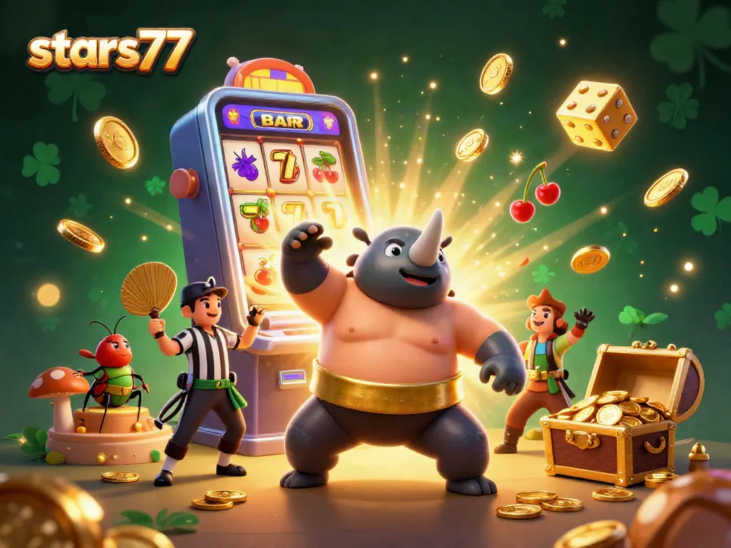 Stars77 mempersembahkan karakter unik dan permainan jackpot dalam ilustrasi kasino yang memikat.