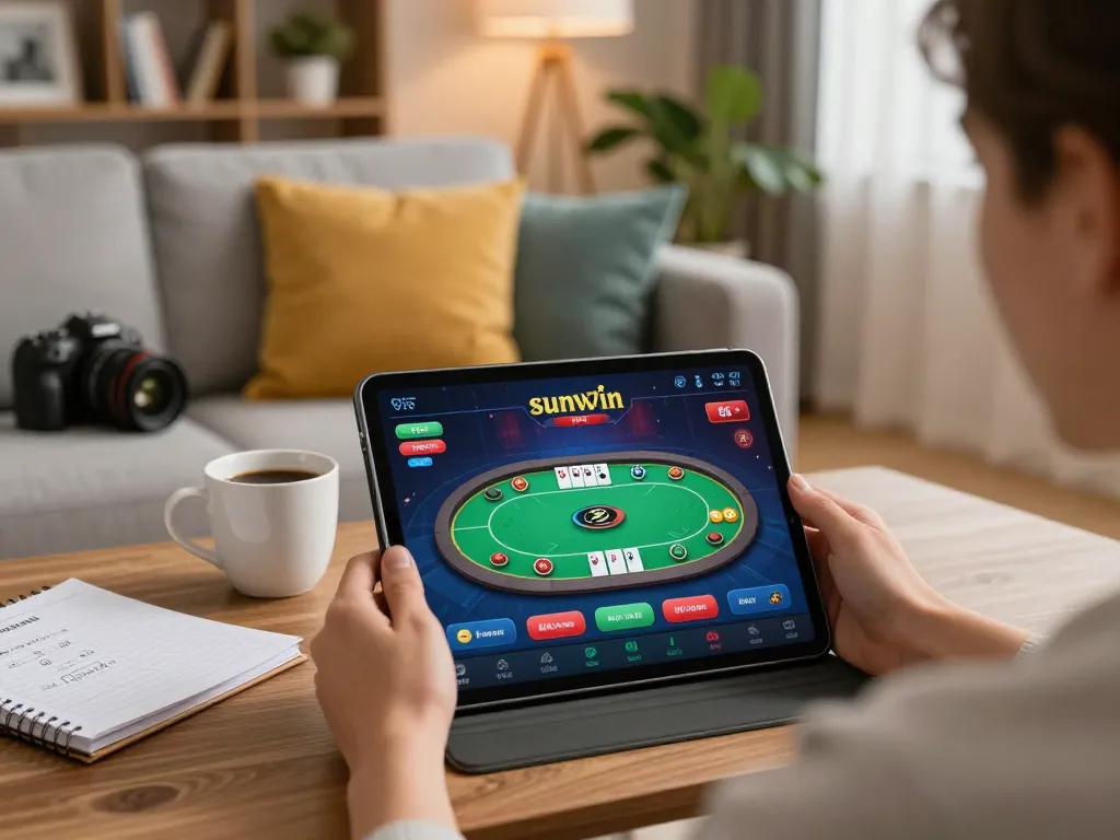 Player enjoying sunwin online poker on a tablet in a cozy living room setting