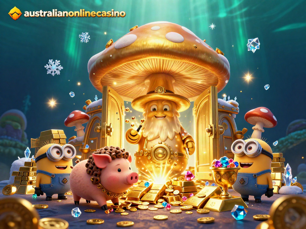 Experience the magic of australianonlinecasino with a golden mushroom wizard and treasure