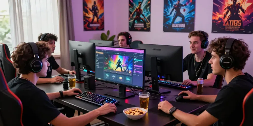 Friends enjoying an electrifying gaming session on lotus365 platform with vibrant atmosphere.