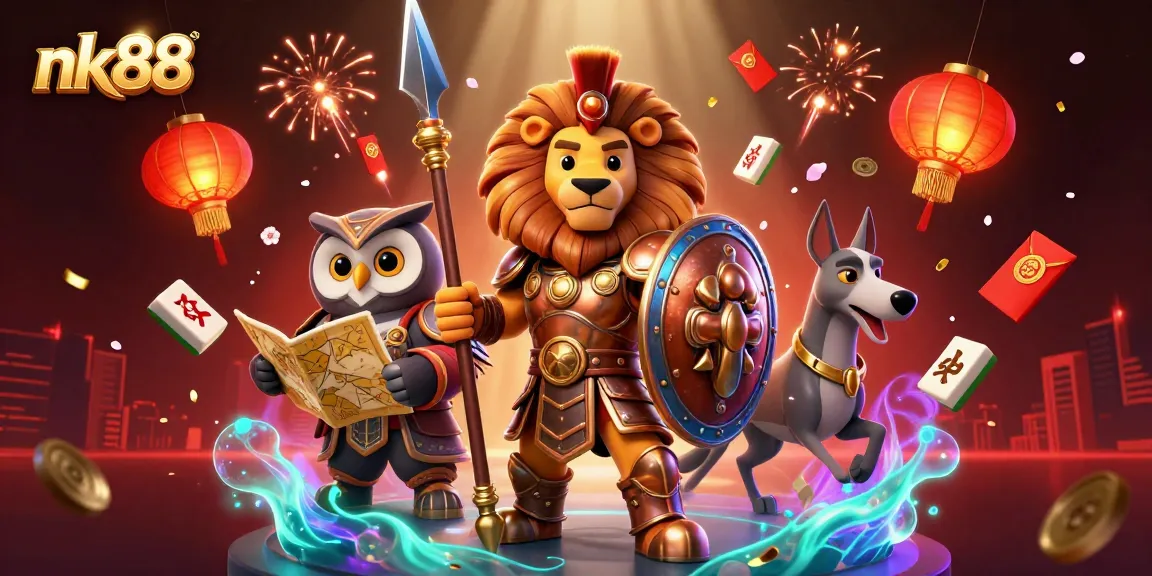 Experience nk88's dynamic gaming adventure with a Spartan lion, strategic owl, and swift greyhound surrounded by vibrant casino elements.