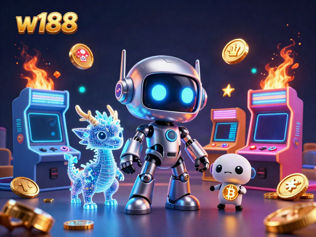 Experience thrilling gaming with w188's vibrant 3D cartoon characters in an exciting casino scene.