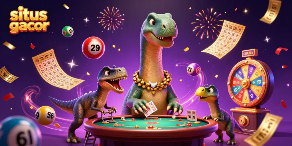 Menyambut situs gacor dengan brontosaurus dan raptor beraksi di dunia kasino yang penuh warna.