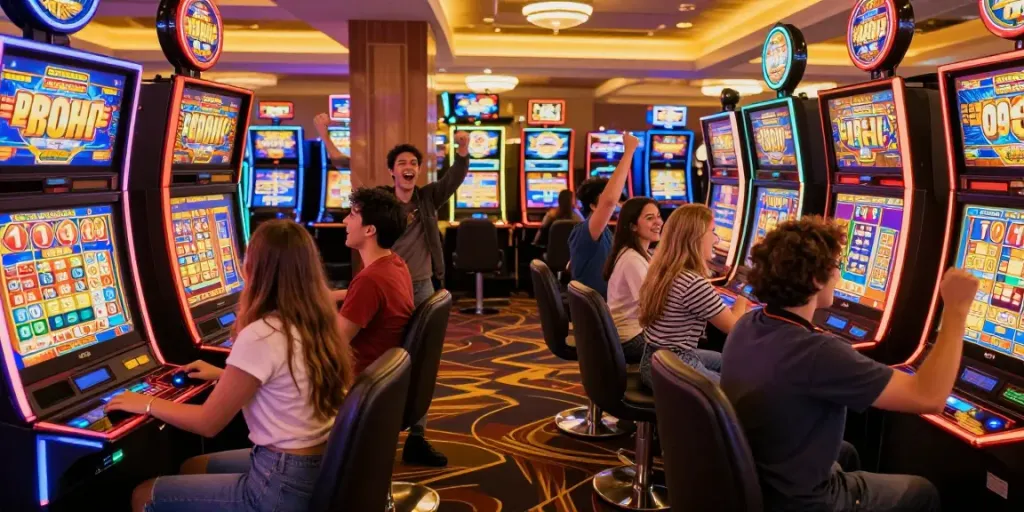 Friends celebrating a jackpot at Lucky777 casino, vibrant machines in background.