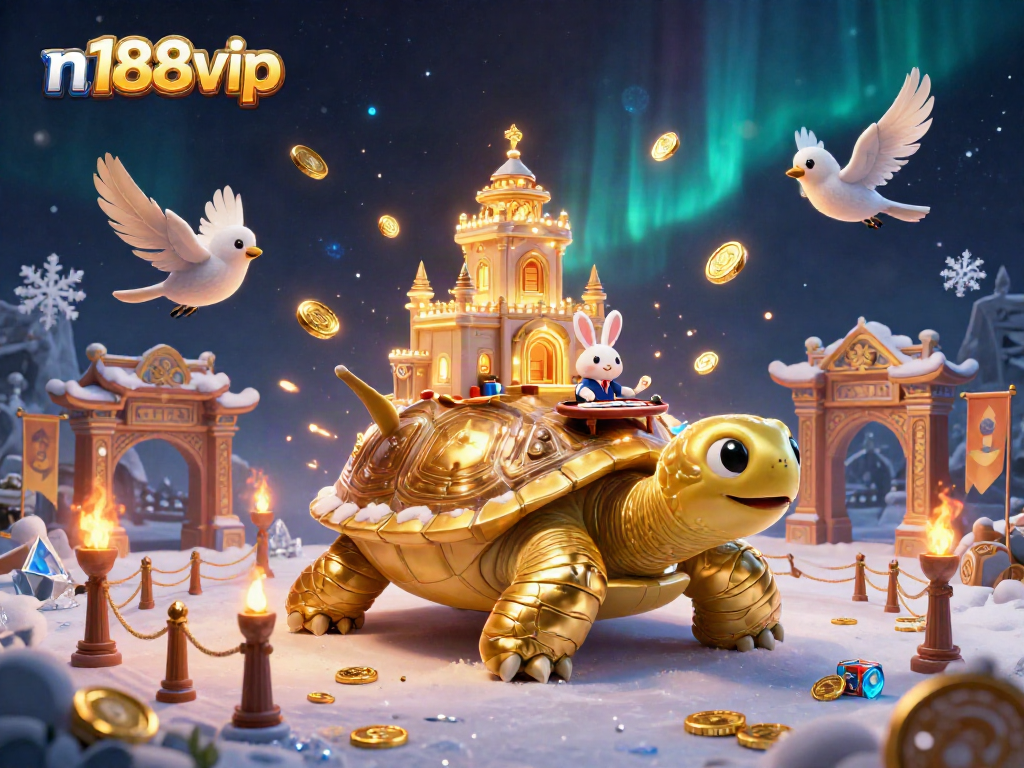 Experience thrilling jackpots with n188vip's immersive casino world featuring a golden tortoise and rabbit dealer.