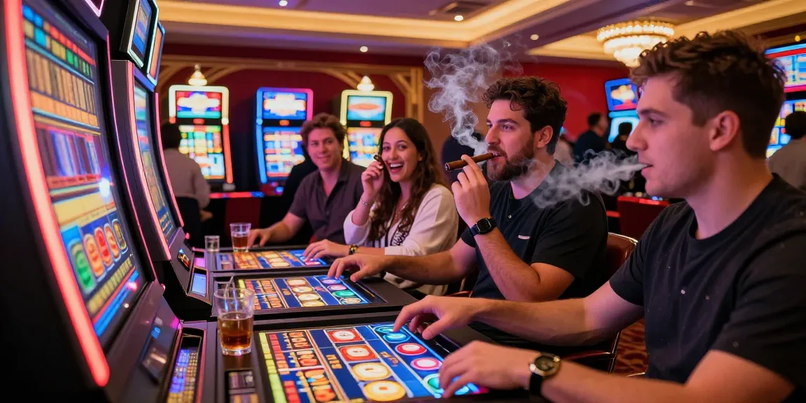 Pajaktoto gaming scene with excited players at slot machine in vibrant casino atmosphere.