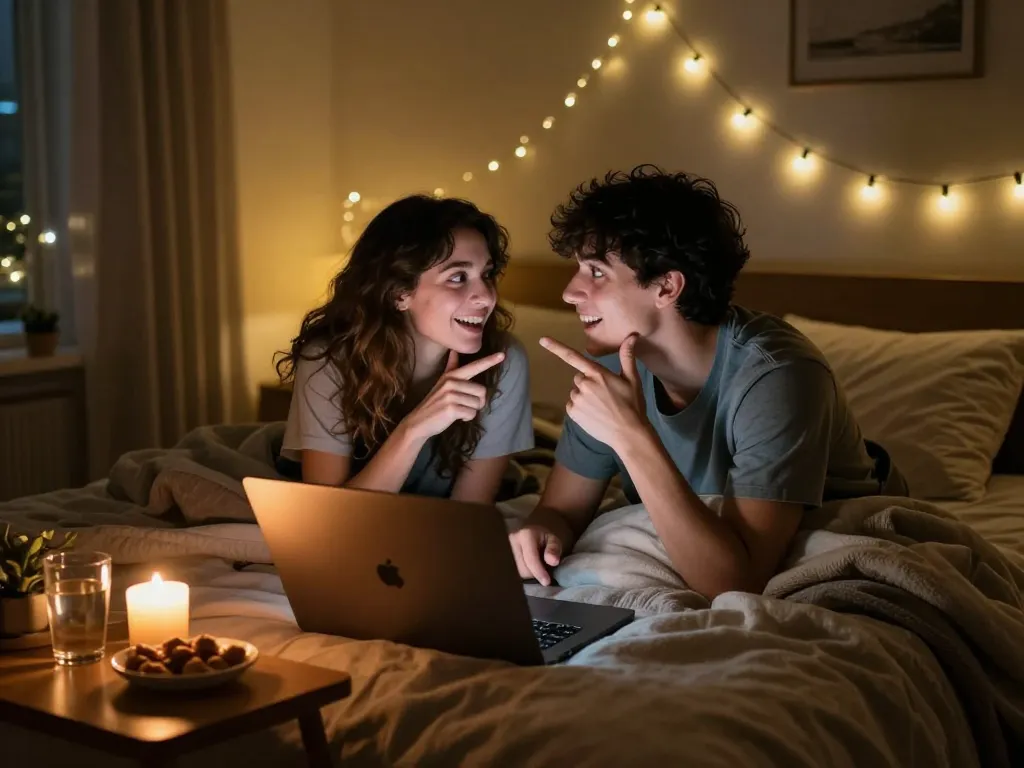 Engaging in an NSFW chat in a cozy bedroom setting, highlighting intimacy and warmth.
