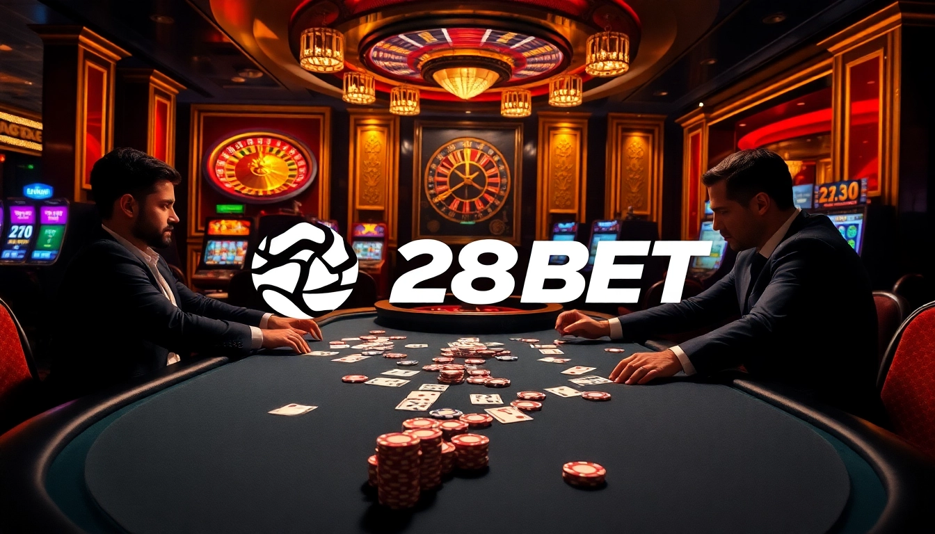 Engaged players at a vibrant poker table in a luxurious 28BET casino setting.
