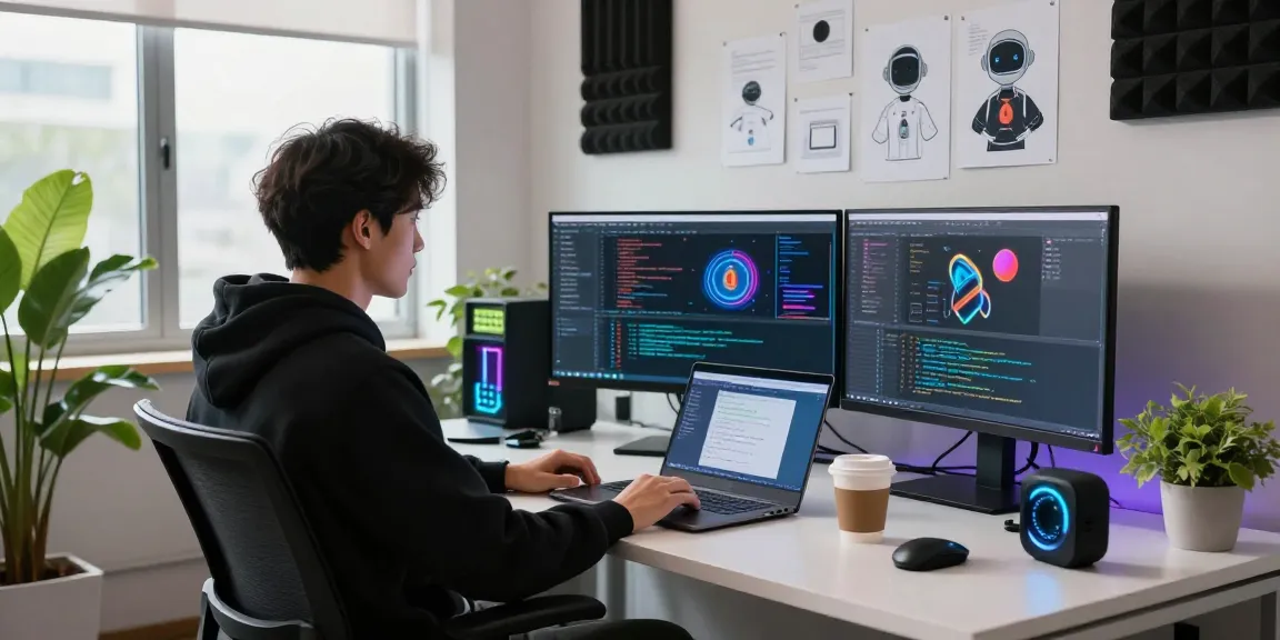 Engaging workspace of a developer creating spicy AI technology with screens and gadgets.