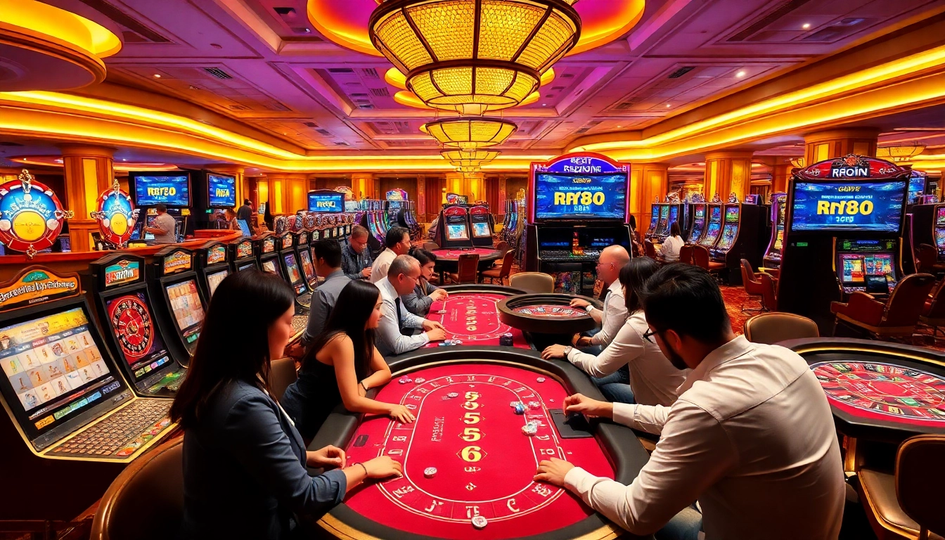 rr88 casino gaming scene with vibrant tables and excited players enjoying their bets