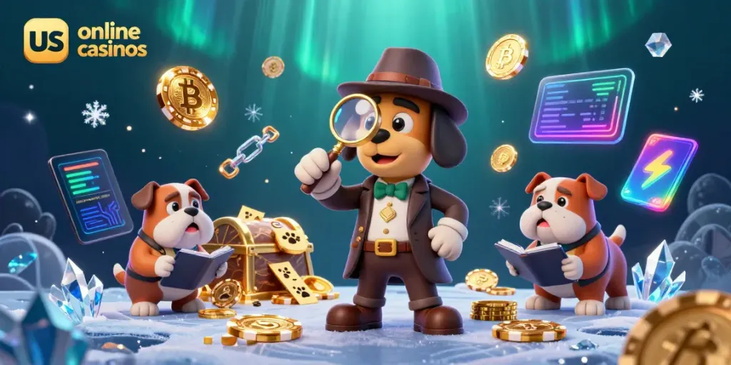 Detective bloodhound explores us online casinos with crypto clues and vibrant casino elements.