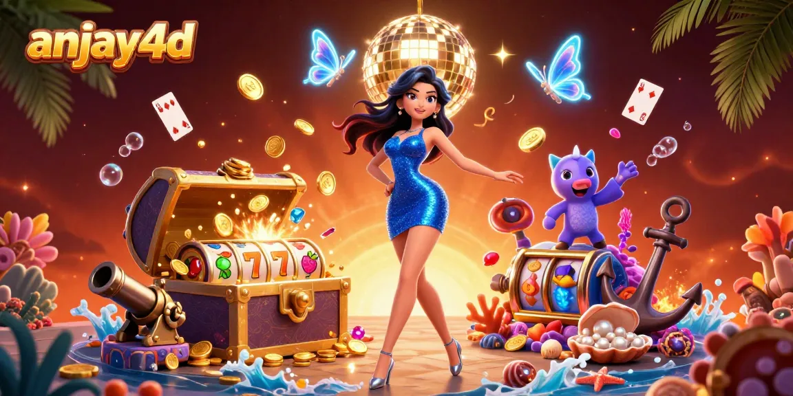 Anjay4d menampilkan wanita glamor di tengah suasana kasino yang penuh warna dengan elemen slot dinamis dan kekayaan emas.